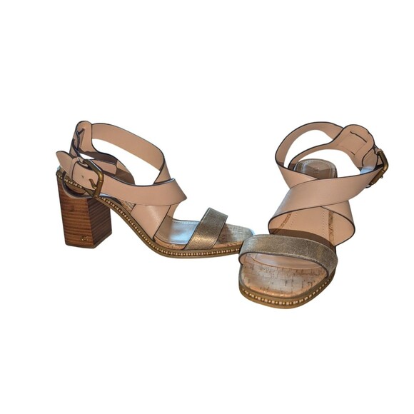 EUC COACH Mandy Sandals - Studded Beige & Gold Metallic Leather Heels - Sz 9.5 - Picture 2 of 16